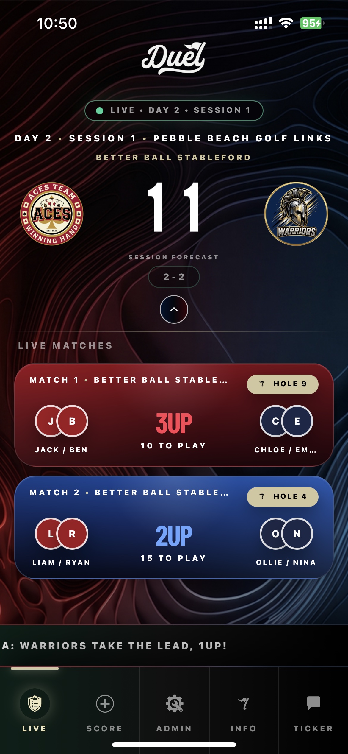 A real DUEL live home screen, expanded to show every match in progress